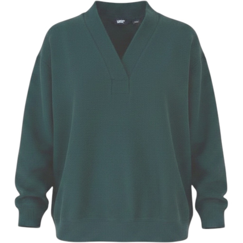 Lands End‎ Womens Forest Green Ribbed V-Neck Pullover Sweatshirt Size L 14-16